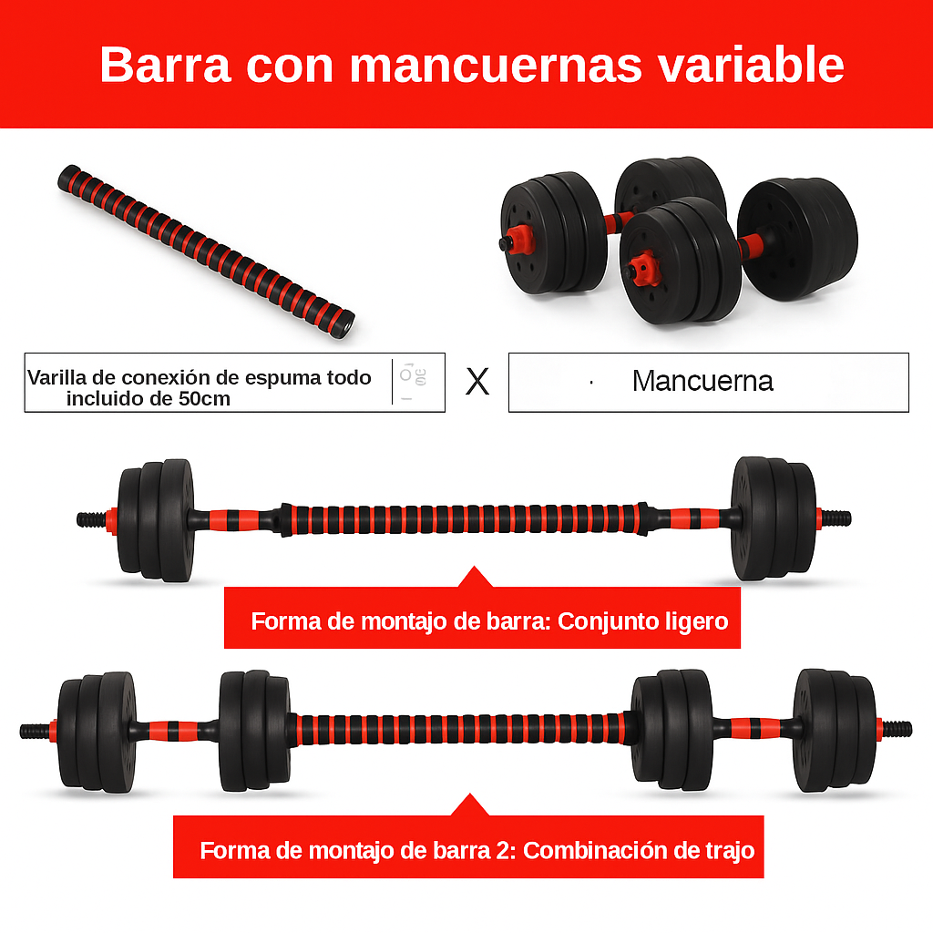 "¡Entrena desde casa y ahorra espacio con nuestras mancuernas ajustables 2 en 1!"