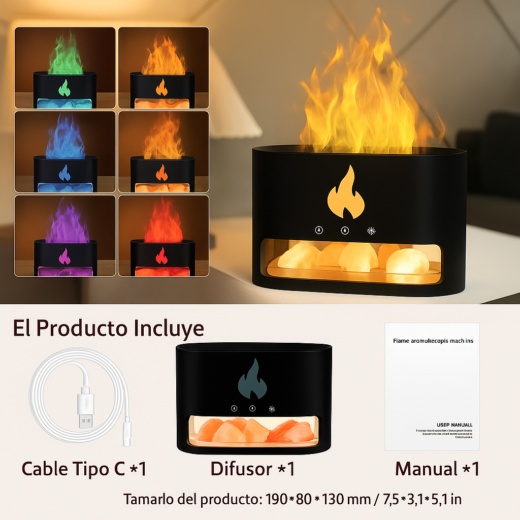 "Humidificador con Efecto Llama, Relajación y Estilo en un Solo Dispositivo"