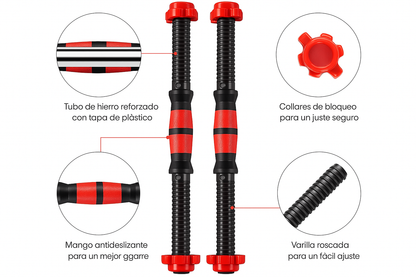 "¡Entrena desde casa y ahorra espacio con nuestras mancuernas ajustables 2 en 1!"