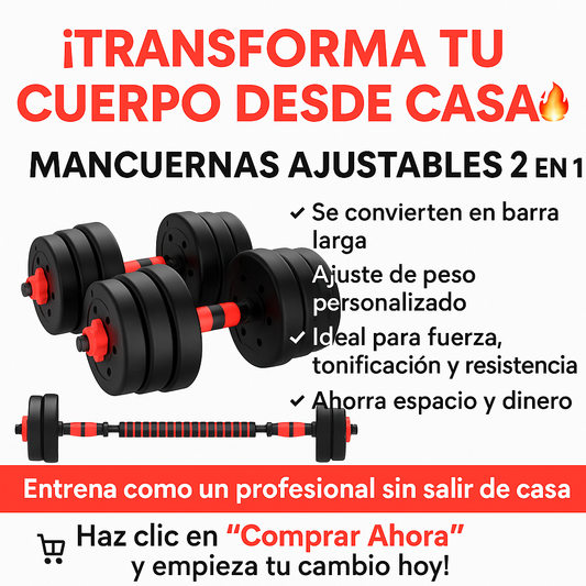"¡Entrena desde casa y ahorra espacio con nuestras mancuernas ajustables 2 en 1!"