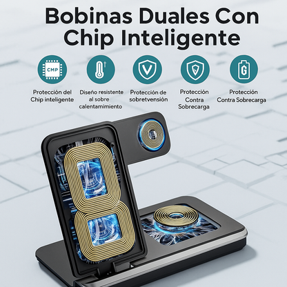 “📱 Carga 3 dispositivos a la vez: potencia tu día con el cargador inalámbrico 3 en 1 plegable 🔋”