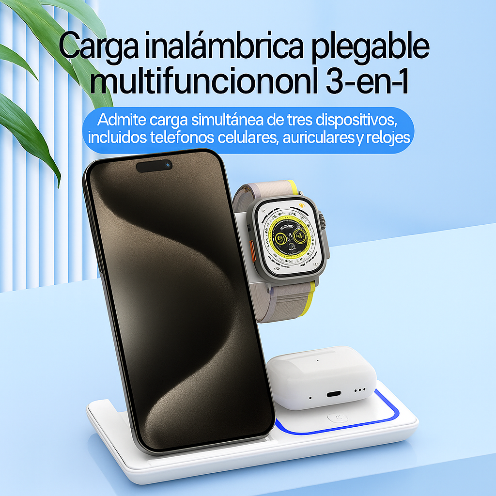 “📱 Carga 3 dispositivos a la vez: potencia tu día con el cargador inalámbrico 3 en 1 plegable 🔋”