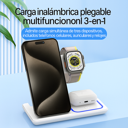 “📱 Carga 3 dispositivos a la vez: potencia tu día con el cargador inalámbrico 3 en 1 plegable 🔋”