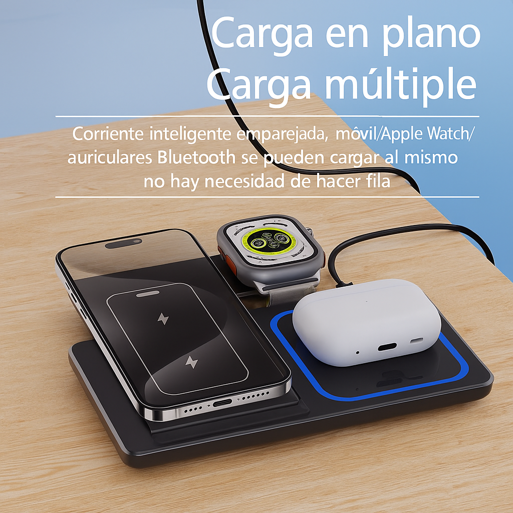 “📱 Carga 3 dispositivos a la vez: potencia tu día con el cargador inalámbrico 3 en 1 plegable 🔋”