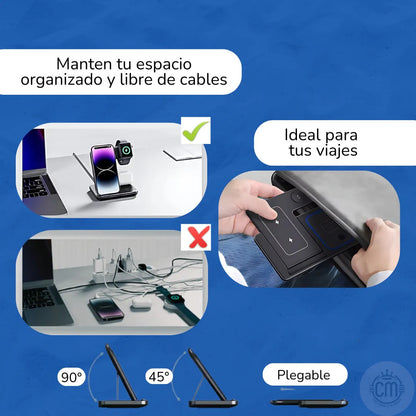 “📱 Carga 3 dispositivos a la vez: potencia tu día con el cargador inalámbrico 3 en 1 plegable 🔋”
