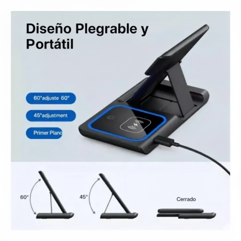 “📱 Carga 3 dispositivos a la vez: potencia tu día con el cargador inalámbrico 3 en 1 plegable 🔋”