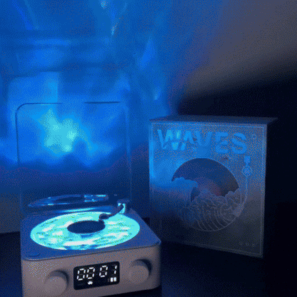 Parlante en forma de tocadiscos relajante y proyector de luces 🌊